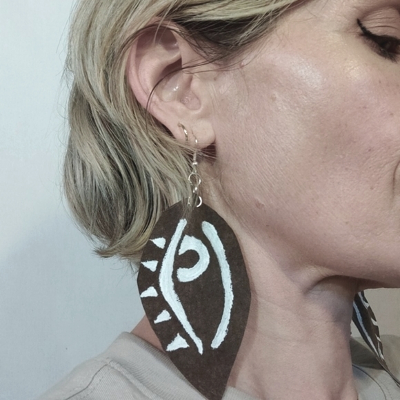 Jewelry - Hand cut and hand-painted leather earrings OOAK statement jewelry festival